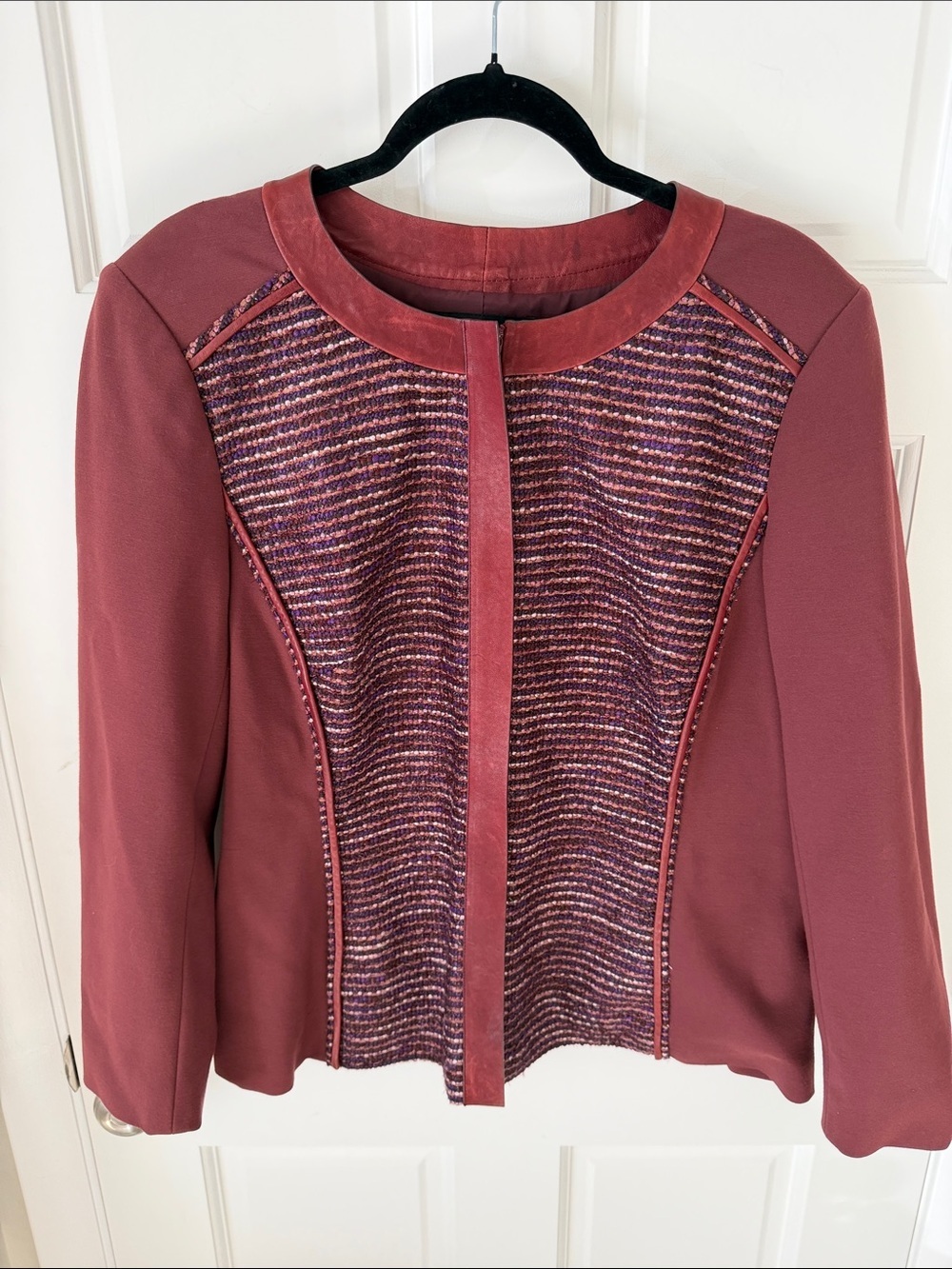 Lafayette 148 Drina Red Burgundy Tweed
Leather Trim Ponte Blazer Office Chic 16